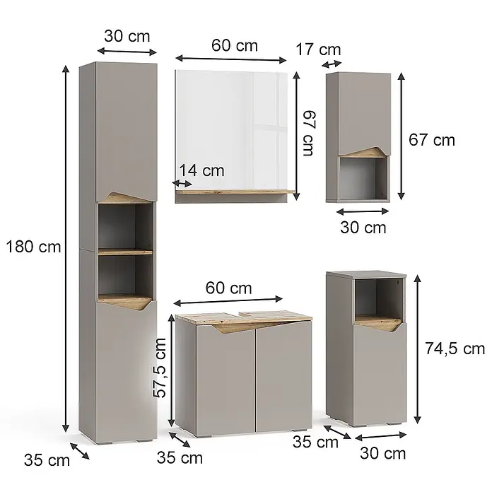 Vicco Badmöbel-Set Marelle Greige 5 Teile - Gesamtbreite Badmöbel: 120 cm, Greige, Matt - Fünfteiliges graues Badmöbelset mit Naturholz-Akzenten: Hochschrank, Spiegel, Wandschrank und zwei Unterschränke.