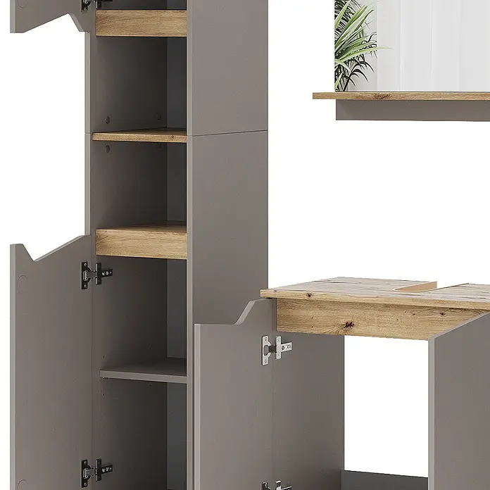 Vicco Badmöbel-Set Marelle Greige 5 Teile - Gesamtbreite Badmöbel: 120 cm, Greige, Matt - Modulare graue Schrank- und Schreibtischeinheit mit Naturholzregalen und Arbeitsfläche, mit offenem und geschlossenem Stauraum.