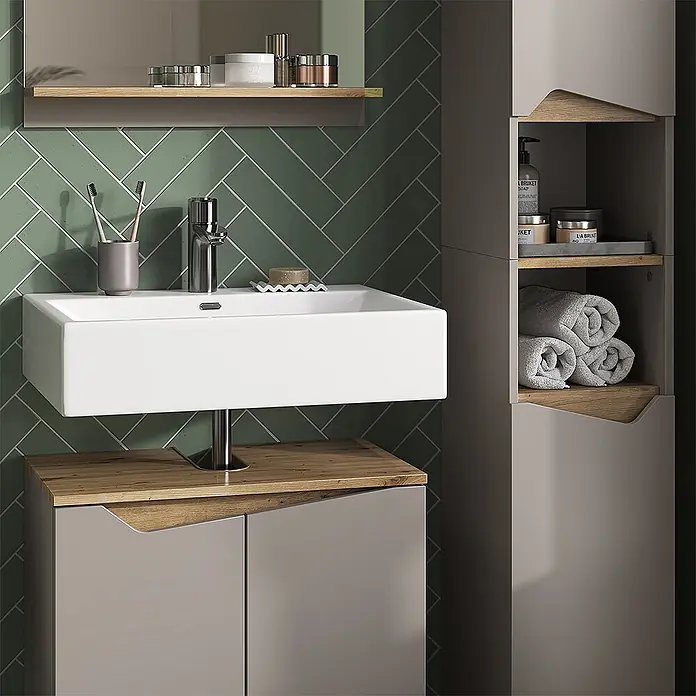 Vicco Badmöbel-Set Marelle Greige 3 Teile, mit Hochschrank - Gesamtbreite Badmöbel: 90 cm, Greige, Matt - Weißes Keramikwaschbecken mit Chromarmatur, taupefarbener Waschtisch mit Holzplatte und passendem Hochschrank mit offenen Ablagen für ein Bad.