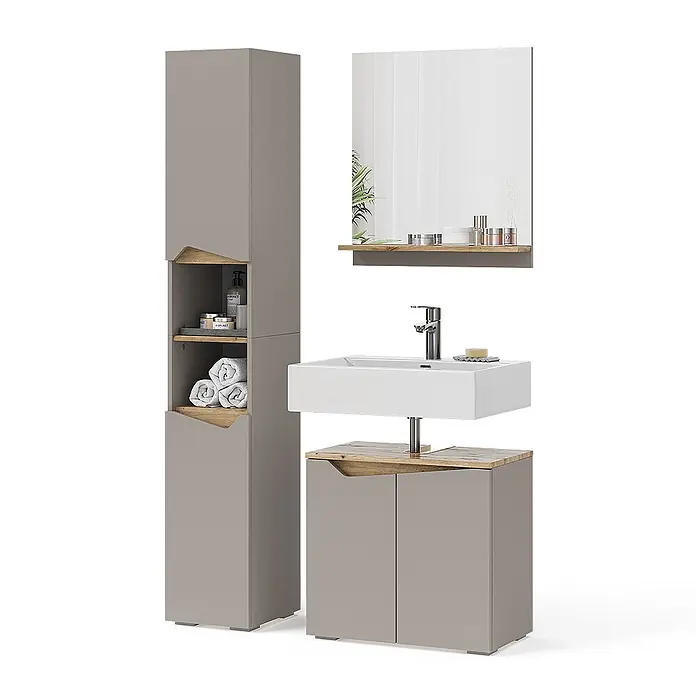 Vicco Badmöbel-Set Marelle Greige 3 Teile, mit Hochschrank - Gesamtbreite Badmöbel: 90 cm, Greige, Matt - Modernes graues Badezimmermöbel-Set mit Holzdetails, bestehend aus Hochschrank, Waschbecken, Unterschrank und Spiegel mit Ablage.