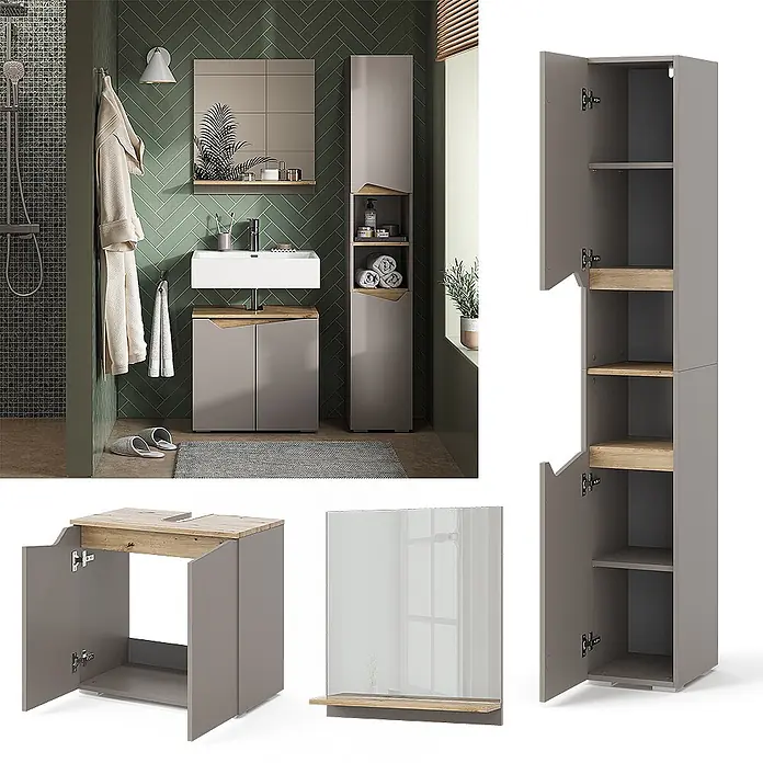 Vicco Badmöbel-Set Marelle Greige 3 Teile, mit Hochschrank - Gesamtbreite Badmöbel: 90 cm, Greige, Matt - Graue Badmöbelgarnitur mit Holzdetails: Waschtisch, Waschbecken, Spiegelschrank und Hochschrank.
