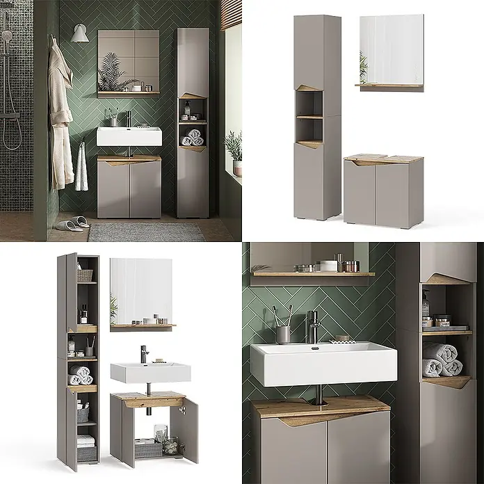 Vicco Badmöbel-Set Marelle Greige 3 Teile, mit Hochschrank - Gesamtbreite Badmöbel: 90 cm, Greige, Matt - Modernes graues Badmöbelset mit weißem Waschbecken, Hochschrank und Spiegel, mit Holzdetails.