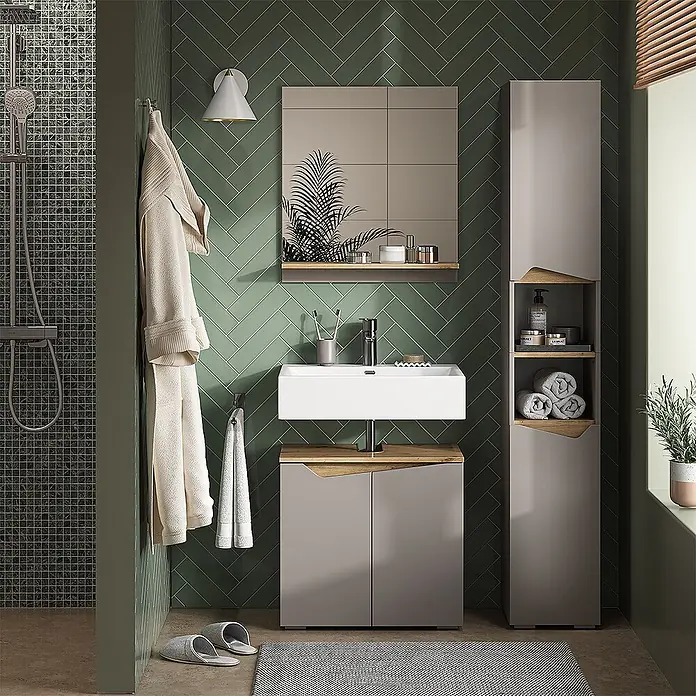 Vicco Badmöbel-Set Marelle Greige 3 Teile, mit Hochschrank - Gesamtbreite Badmöbel: 90 cm, Greige, Matt - Moderne Badezimmer-Waschtischkombination mit weißem Waschbecken, taupefarbenen Schränken mit Holzdetails und passendem Hochschrank.