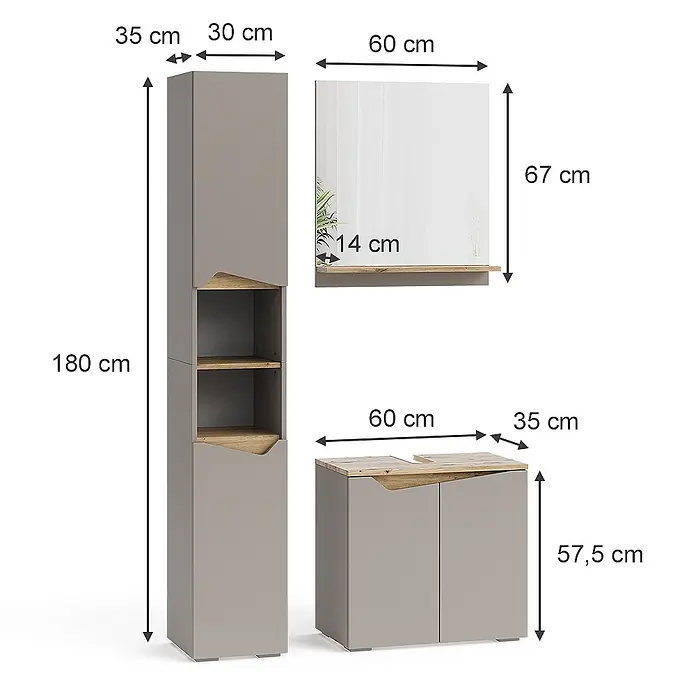 Vicco Badmöbel-Set Marelle Greige 3 Teile, mit Hochschrank - Gesamtbreite Badmöbel: 90 cm, Greige, Matt - Modernes graues Badmöbelset mit Echtholz-Details. Bestehend aus Hochschrank, Spiegel mit Ablage und Unterschrank.