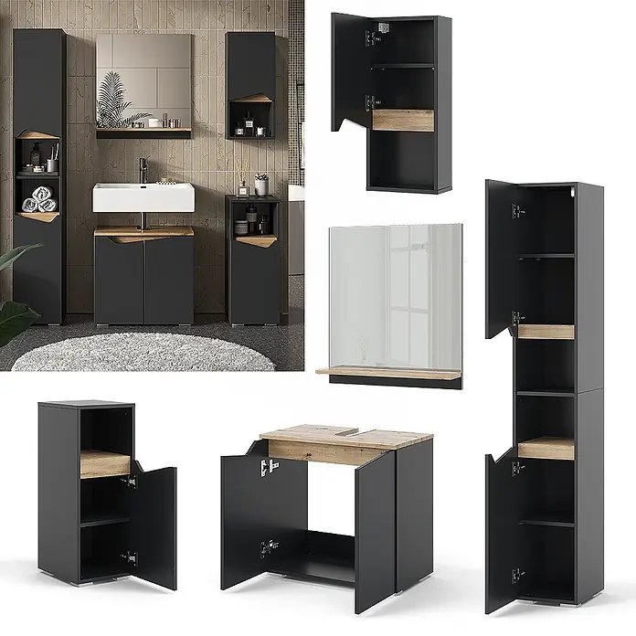 Vicco Badmöbel-Set Marelle Anthrazit 5 Teile - Gesamtbreite Badmöbel: 120 cm, Anthrazit, Matt - Modernes dunkelgraues Badmöbel-Set mit hellen Holzakzenten, bestehend aus Waschtischunterschrank, Hochschrank und Wandschrank mit Innenablagen.