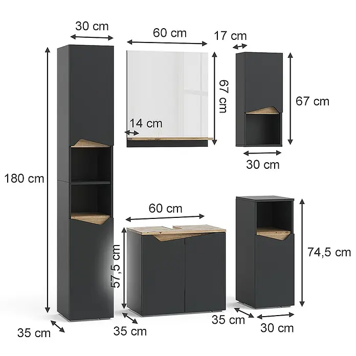 Vicco Badmöbel-Set Marelle Anthrazit 5 Teile - Gesamtbreite Badmöbel: 120 cm, Anthrazit, Matt - Modernes Badmöbel-Set in Anthrazit mit Holzakzenten, bestehend aus Schränken und Spiegel, mit Maßangaben.