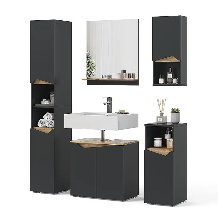 Vicco Badmöbel-Set Marelle Anthrazit 5 Teile - Gesamtbreite Badmöbel: 120 cm, Anthrazit, Matt - Dunkelgraues Badmöbel-Set mit Holzdetails: Waschtisch, Spiegel, Hochschrank, Wand- und Seitenschrank für modernes Bad.