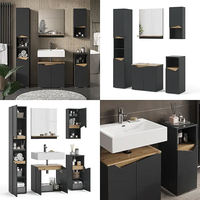 Vicco Badmöbel-Set Marelle Anthrazit 5 Teile - Gesamtbreite Badmöbel: 120 cm, Anthrazit, Matt - Modernes anthrazitfarbenes Badmöbel-Set mit Holzdetails, bestehend aus Hochschränken, Waschtisch und Beistellschrank, im Bad platziert.