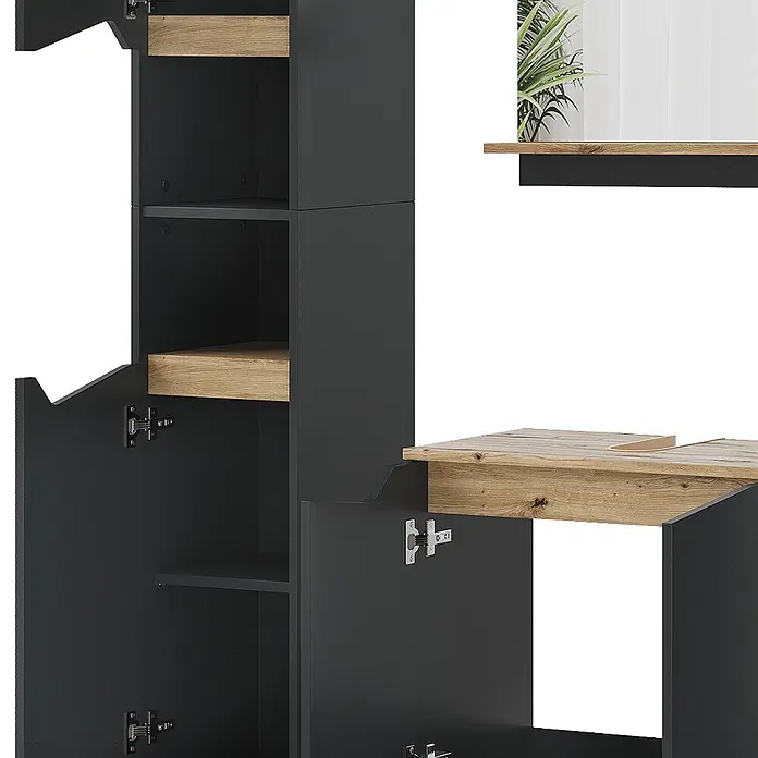 Vicco Badmöbel-Set Marelle Anthrazit 5 Teile - Gesamtbreite Badmöbel: 120 cm, Anthrazit, Matt - Modulares Möbelstück in Dunkelgrau und hellem Holz mit Regalen, Schränken und einem Schreibtischbereich.