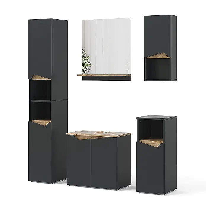 Vicco Badmöbel-Set Marelle Anthrazit 5 Teile - Gesamtbreite Badmöbel: 120 cm, Anthrazit, Matt - Dunkelgraues Badmöbel-Set mit Naturholz-Akzenten, bestehend aus hohen und niedrigen Schränken, einem Waschtischunterschrank und einem Spiegel.