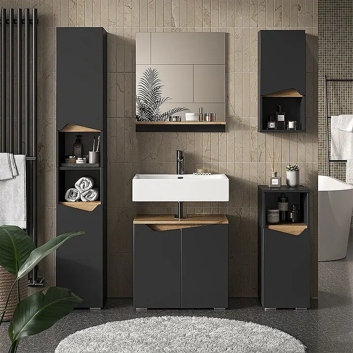Vicco Badmöbel-Set Marelle Anthrazit 5 Teile - Gesamtbreite Badmöbel: 120 cm, Anthrazit, Matt - Modernes dunkelgraues Badmöbel-Set mit Holzdetails: Waschtisch, Hochschrank, Wandschrank und Beistellschrank, im Badezimmer.