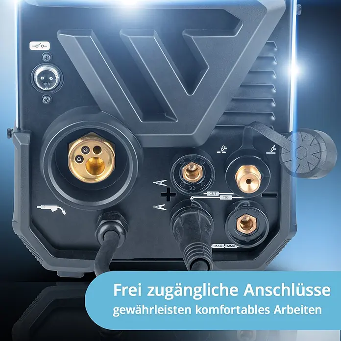 STAHLWERK Kombi-Schweißgerät CTM-416 PULS Pro Vollausstattung -  - Rückseite einer Schweißmaschine mit zahlreichen Anschlussbuchsen für CUT, TIG, MAG, MMA.