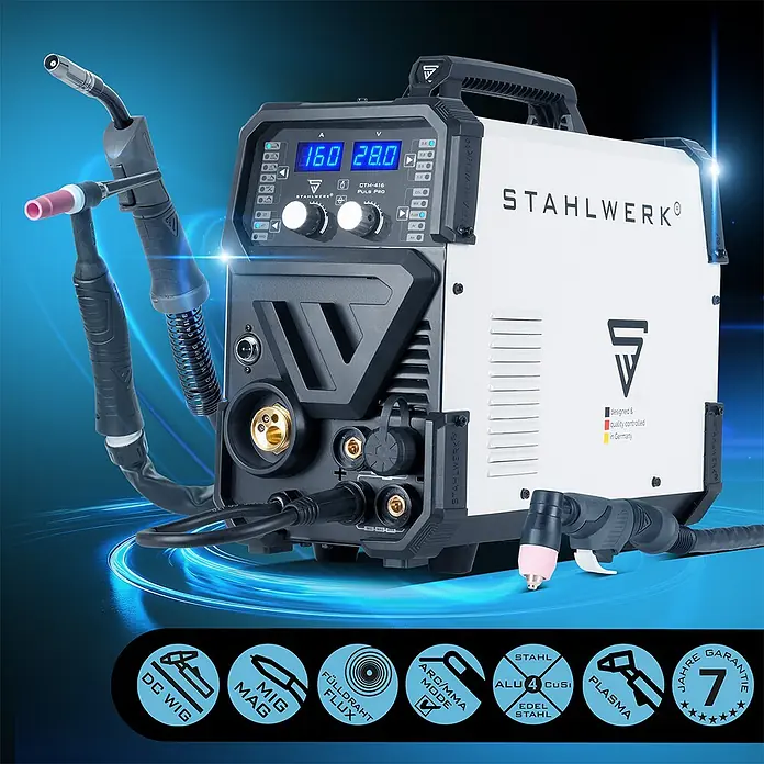 STAHLWERK Kombi-Schweißgerät CTM-416 PULS Pro Vollausstattung -  - Weiß/schwarzes Stahlwerk CTM-416 Puls Pro Multifunktions-Schweißgerät mit WIG- und Plasmaschneider.