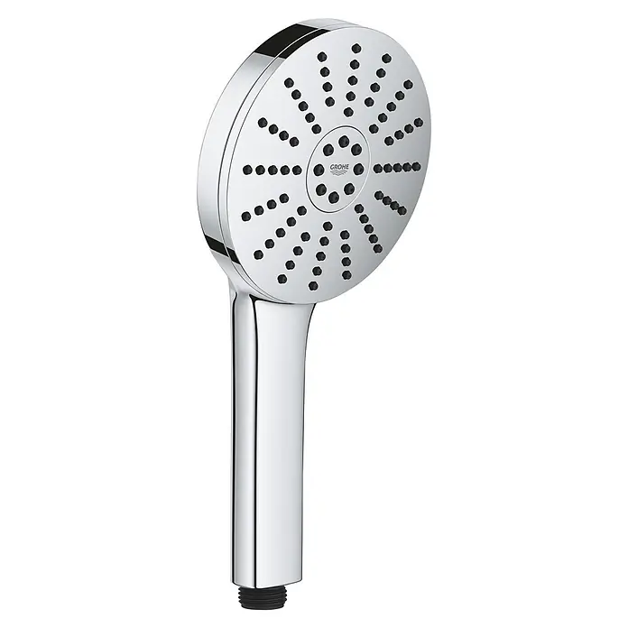 Grohe Vitalio Joy Handbrause 120 - Anzahl Funktionen: 3 Stk., Durchmesser: 120 mm, Chrom - Verchromte Handbrause mit rundem Kopf und schwarzen Düsen, mit GROHE-Logo.