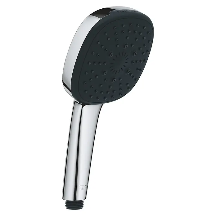 Grohe Vitalio Comfort Handbrause 110 - Anzahl Funktionen: 3 Stk., Durchmesser: 110 mm, Chrom - Chromfarbene Handbrause mit dunkelgrauer Strahlscheibe und mehreren Düsen. Mit "SHOCK-PROOF" Schriftzug und "GROHE" Logo.