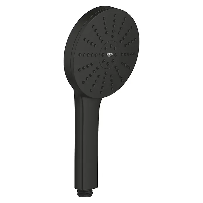 Grohe Vitalio Joy Handbrause 120 - Anzahl Funktionen: 3 Stk., Durchmesser: 120 mm, Mattschwarz - Schwarzer Handbrausekopf mit rundem Kopf, mehreren Düsen und rechteckigem Griff. GROHE-Logo sichtbar.