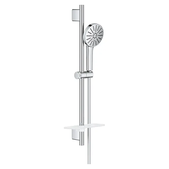 Grohe Vitalio Joy Brausearmatur 120 - Chrom, Durchflussmenge: 6,3 l/min - Verchromtes Brausestangenset mit Handbrause und weißer Ablage.
