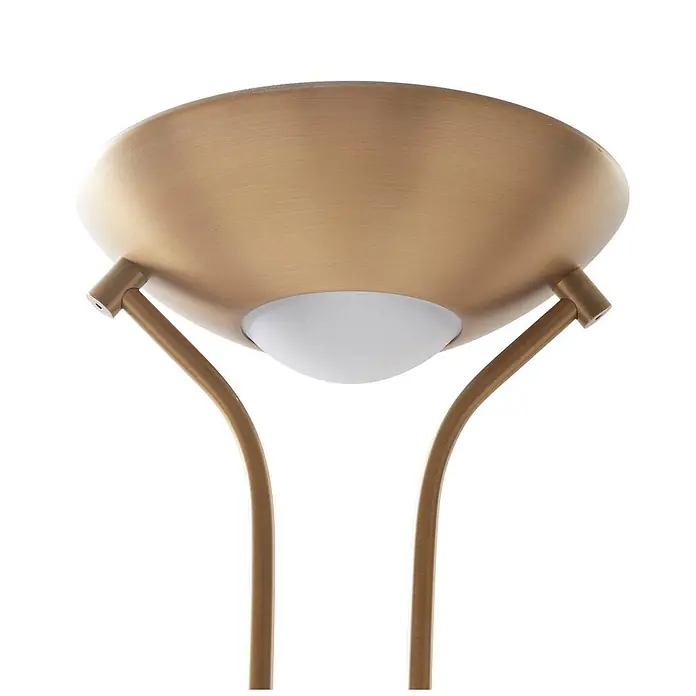 Lindby LED-Deckenfluter Josefin - Höhe: 180 cm, bronze / altmessing, bronze / altmessing, Warmweiß - Lampenoberteil aus gebürstetem Messing mit weißem, kugelförmigem Diffusor, getragen von zwei geschwungenen Armen.