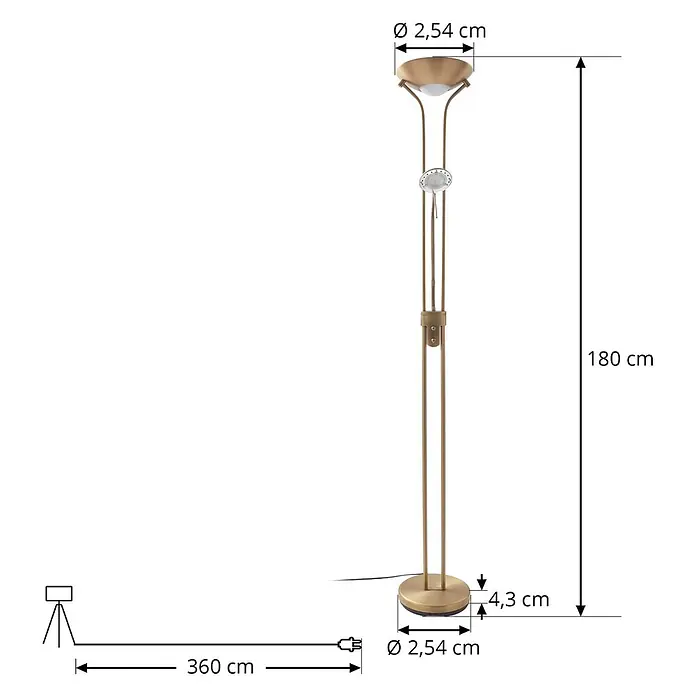 Lindby LED-Deckenfluter Josefin - Höhe: 180 cm, bronze / altmessing, bronze / altmessing, Warmweiß - Goldene Stehlampe mit Deckenfluter und verstellbarer Leselampe.