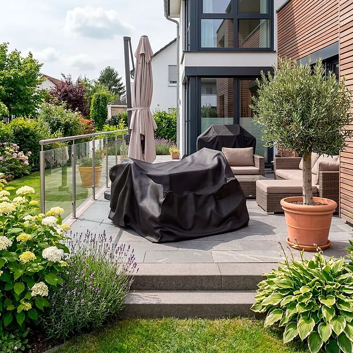 Sunfun Balkon-Set-Schutzhülle - Ø x H: 100 x 65 cm - Robuste schwarze Abdeckungen schützen Gartenmöbel und einen Grill.