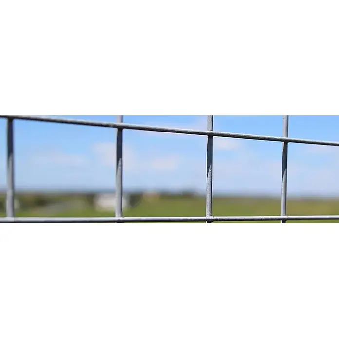 Odem Panel electrosoldado - Gris, 2,6 x 1,5 m, Espesor de alambre: 4 mm - Valla de rejilla metálica gris con paisaje exterior borroso.