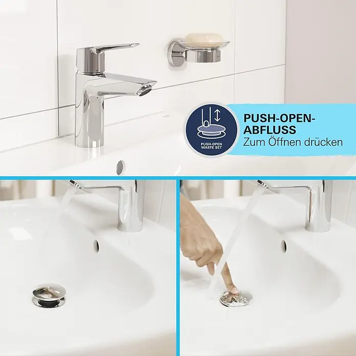 Grohe Start Waschtischarmatur M-Size - Chrom, Glänzend - Verchromter Push-Open-Abfluss im Waschbecken, geschlossen und geöffnet durch Drücken.