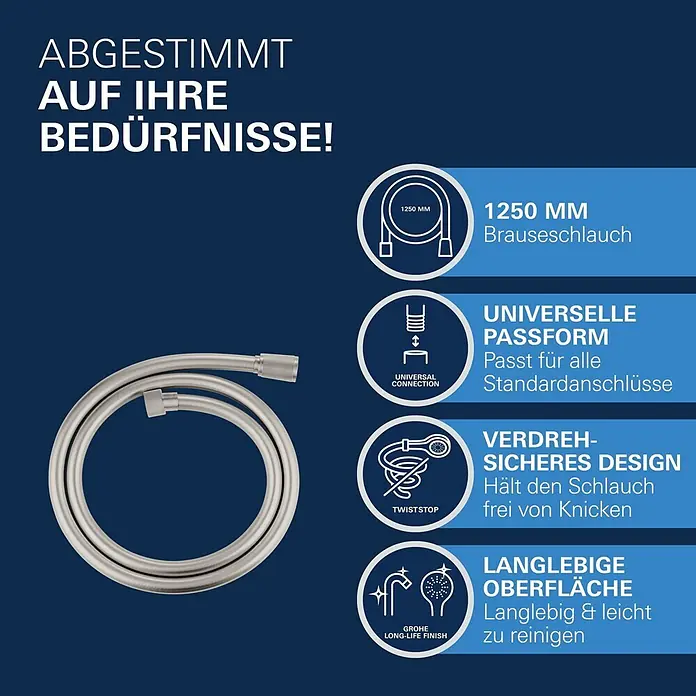 Grohe Brauseschlauch Silverflex - Länge: 125 cm, ½″, Kunststoff, Supersteel - Aufgerollter metallischer Brauseschlauch, 1250 mm, mit universeller Passform und verdrehsicherem Design für Langlebigkeit.