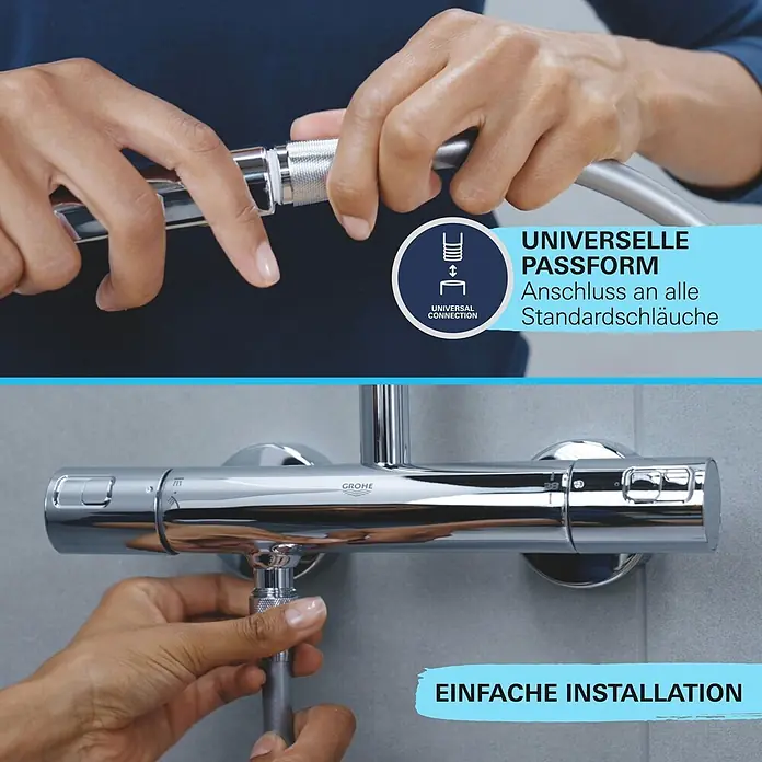 Grohe Vitalio Comfort Handbrause 110 - Anzahl Funktionen: 3 Stk., Durchmesser: 110 mm, Chrom - Hände installieren einen verchromten Brauseschlauch an Duschkopf und Brausebatterie für universellen Anschluss.