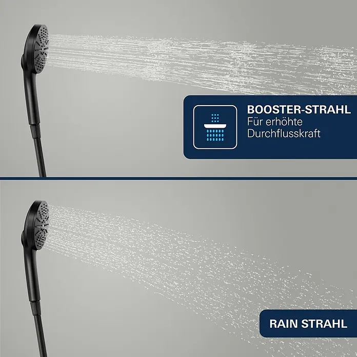 Grohe Vitalio Joy Handbrause 120 - Anzahl Funktionen: 3 Stk., Durchmesser: 120 mm, Mattschwarz - Schwarzer Duschkopf, der zwei Strahlarten zeigt: einen starken Booster-Strahl und einen sanften Regenstrahl.