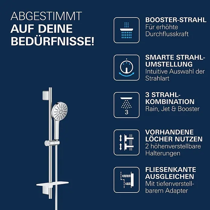 Grohe Vitalio Joy Brausearmatur 120 - Chrom, Durchflussmenge: 6,3 l/min - Verchromtes Duschsystem mit Handbrause und Ablage, mit verschiedenen Strahlarten (Booster, Regen, Jet) und höhen-/tiefenverstellbarer Montage.