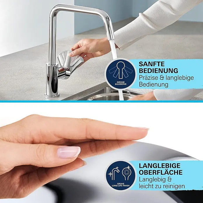 Grohe Start Spültischarmatur - Chrom, Glänzend - Eine Hand bedient eine verchromte Grohe Küchenarmatur, während eine andere Hand ihre reflektierende, langlebige Oberfläche berührt.