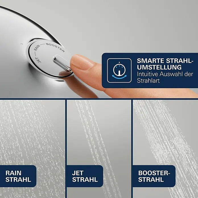 Grohe Vitalio Joy Handbrause 120 - Anzahl Funktionen: 3 Stk., Durchmesser: 120 mm, Chrom - Finger bedient chromfarbenen Duschkopf-Wahlschalter für 'RAIN', 'JET', 'BOOSTER' Strahlarten.