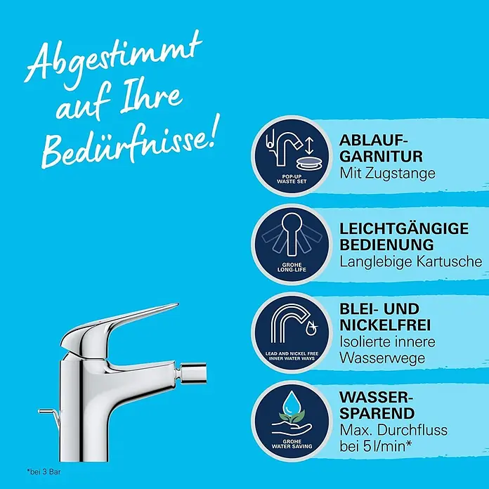 Grohe Swift Bidetarmatur - Chrom, Glänzend - Moderner, verchromter Einhebelmischer mit Zugstange für den Ablauf.