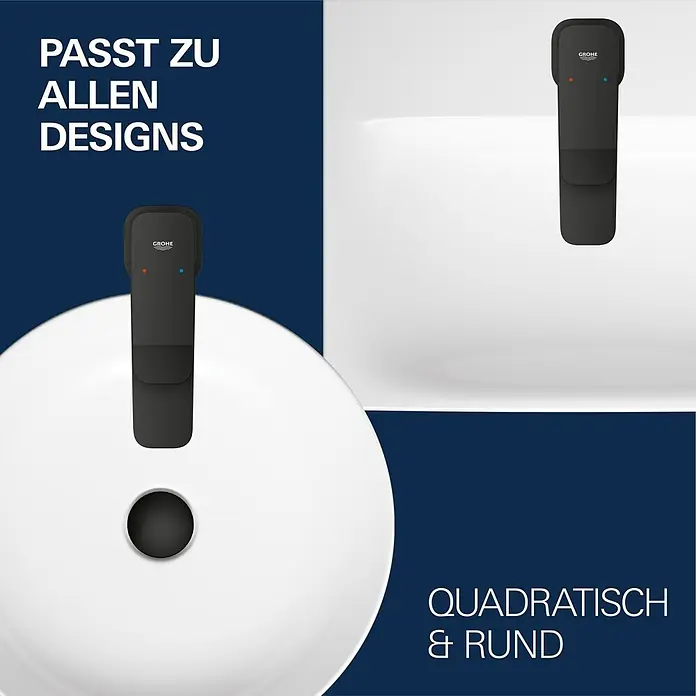 Grohe Dice Waschtischarmatur M-Size - Höhe: 172 mm, Schwarz, Matt - Zwei matte schwarze Grohe Armaturen auf weißen Waschbecken, passend für runde und quadratische Designs.