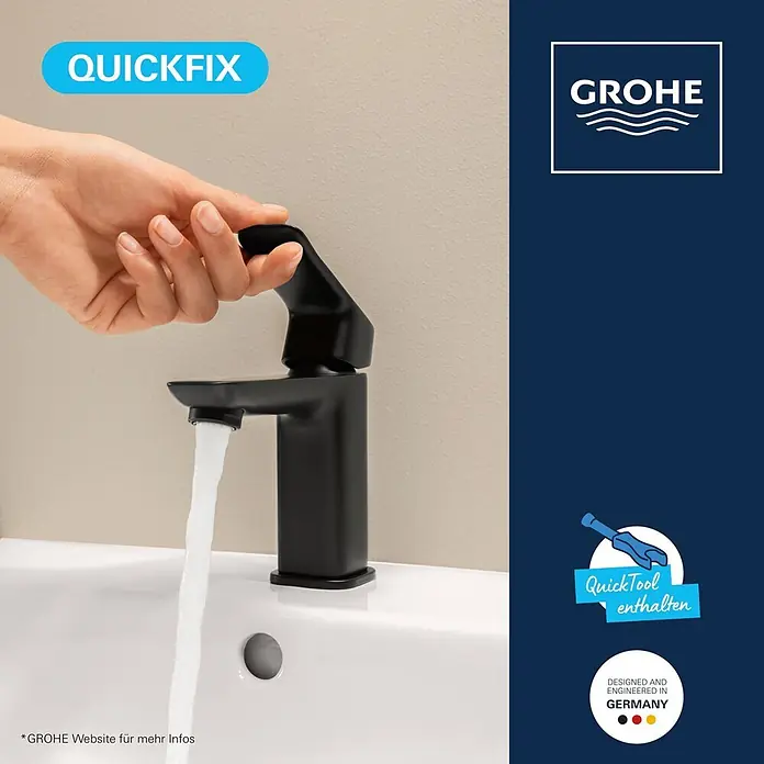 Grohe Dice Waschtischarmatur S-Size - Höhe: 152 mm, Schwarz, Matt - Schwarze Grohe Armatur mit fließendem Wasser, von einer Hand bedient. Mit QuickFix-Technologie.