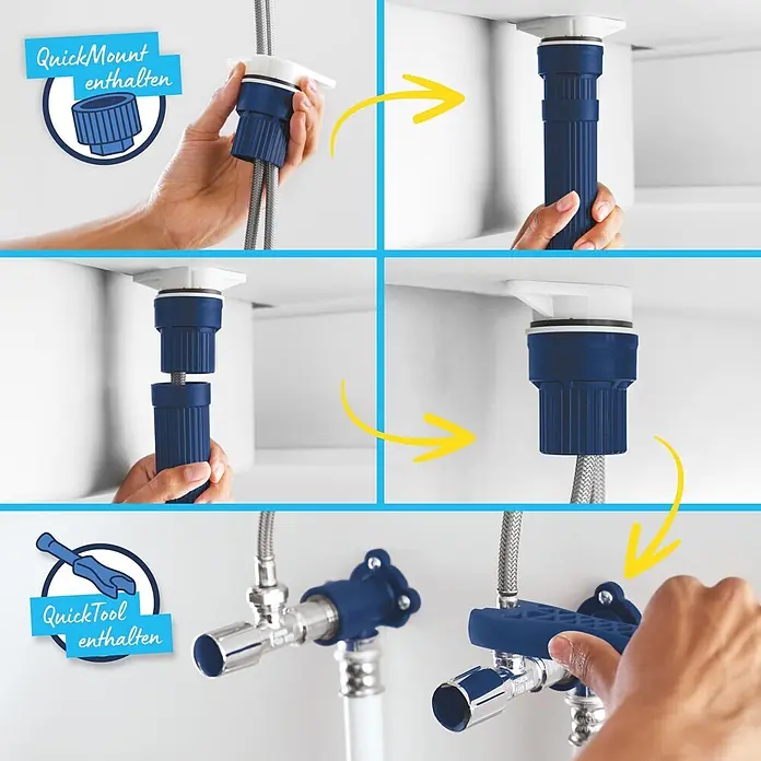 Grohe Start Loop Spültischarmatur - Chrom, Glänzend, Höhe: 357 mm - Sanitärinstallation: Hand befestigt blaue Quick-Mount-Halterung unter Waschbecken und nutzt blaues Quick-Tool für Anschlüsse.