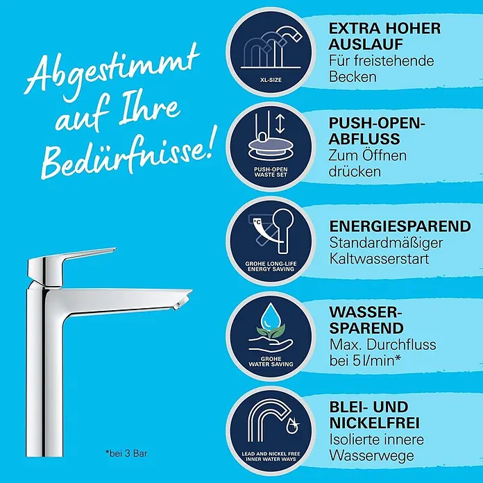 Grohe Start Waschtischarmatur XL-Size - Ausladung Armatur: 173 mm, Chrom, Glänzend - Ein moderner Chrom-Wasserhahn mit schlankem Griff, dargestellt mit Symbolen und Text, die seine Hauptmerkmale wie hoher Auslauf und Wasserspar-Design hervorheben.