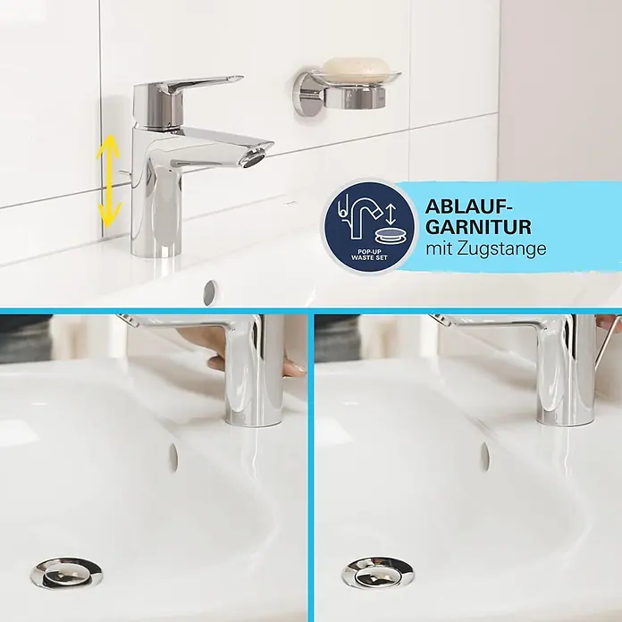 Grohe Swift Waschtischarmatur M-Size - Ausladung Armatur: 116 mm, Chrom, Glänzend - Verchromte Waschtischarmatur mit Zugstange für Pop-up-Ablaufgarnitur, zeigt offene und geschlossene Abflussfunktion.