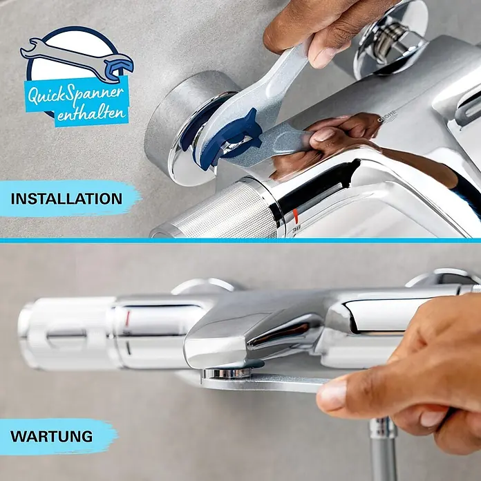 Grohe Badewannenstandarmatur Start - Höhe: 96 mm, Chrom, Glänzend - Hand installiert eine Chrom-Duscharmatur mit dem enthaltenen QuickSpanner. Unten: Hand wartet die Armatur mit dem Werkzeug.
