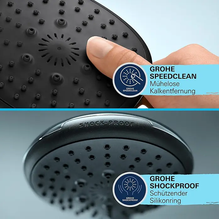 Grohe Vitalio Comfort Handbrause 110 - Anzahl Funktionen: 3 Stk., Durchmesser: 110 mm, Chrom - Nahaufnahme einer schwarzen Grohe Duschbrause mit flexiblen Düsen für einfache Kalkentfernung und einem schützenden Silikonring.