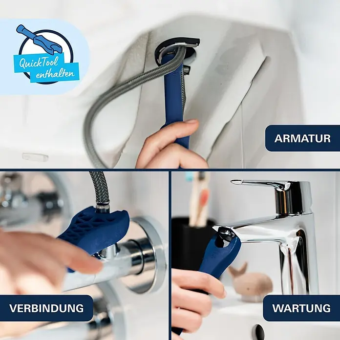 Grohe Dice Waschtischarmatur M-Size - Höhe: 172 mm, Schwarz, Matt - Blaues QuickTool wird zur Installation und Wartung von Sanitärarmaturen und Anschlüssen verwendet.