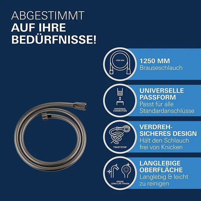 Grohe Brauseschlauch Silverflex - Länge: 125 cm, ½″, Kunststoff, Hard Graphite - Dunkler, gewundener 1250mm Brauseschlauch mit universeller Passform, verdrehsicherem Design und langlebiger, pflegeleichter Oberfläche.
