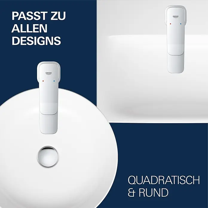 Grohe Dice Badewannenarmatur - Ausladung Armatur: 167 mm, Chrom, Glänzend - Weißer Grohe Wasserhahn mit roten/blauen Anzeigen, auf rundem Waschbecken und solo gezeigt, betont vielseitiges Design für quadratische und runde Formen.