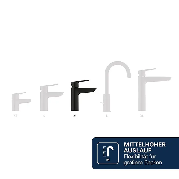 Grohe Dice Waschtischarmatur M-Size - Höhe: 172 mm, Schwarz, Matt - Reihe von Armaturen in Größen XS-XL. Die schwarze Armatur Größe M mit mittelhohem Auslauf ist hervorgehoben für größere Becken.