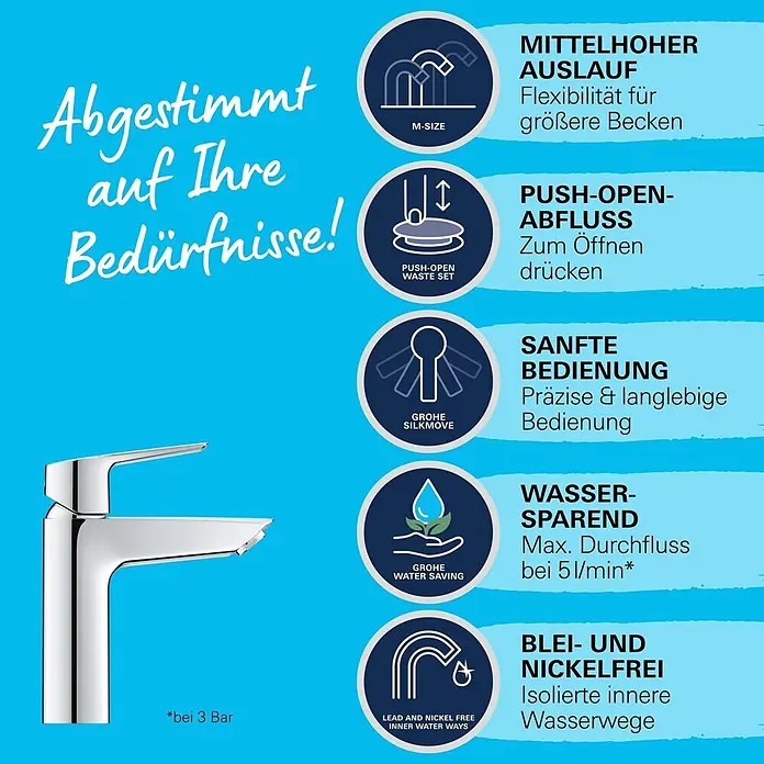 Grohe Start Waschtischarmatur M-Size - Chrom, Glänzend - Moderner Einhebel-Waschtischmischer aus Chrom mit mittelhohem Auslauf, Push-Open-Ablauf und Wassersparfunktionen.