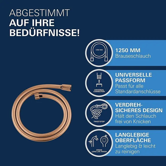 Grohe Brauseschlauch Silverflex - Länge: 125 cm, ½″, Kunststoff, Warm Sunset - Ein flexibler, aufgerollter Brauseschlauch in Kupferoptik.