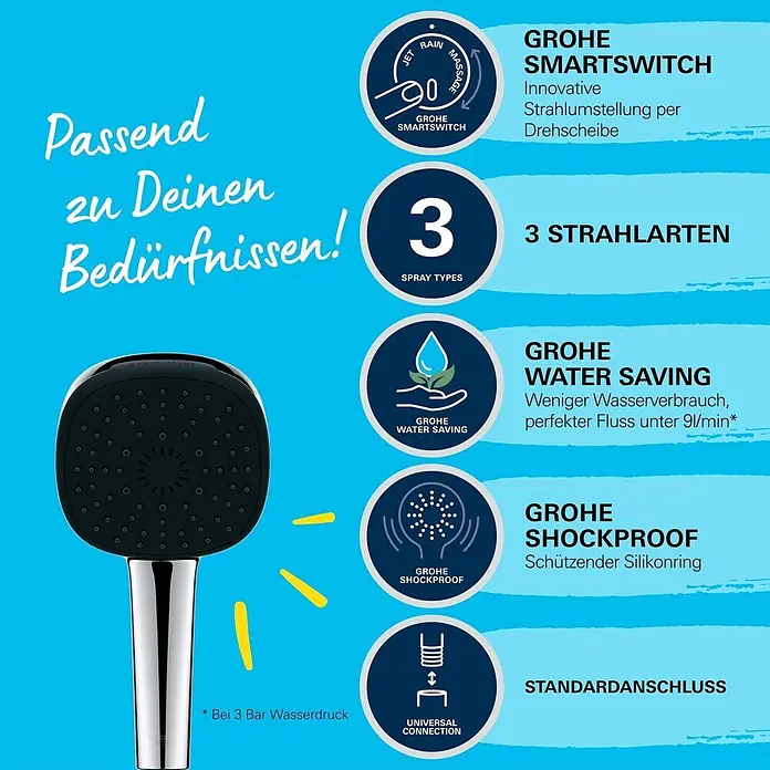 Grohe Vitalio Comfort Handbrause 110 - Anzahl Funktionen: 3 Stk., Durchmesser: 110 mm, Chrom - Schwarzer/verchromter Duschkopf mit SmartSwitch für 3 Strahlarten (Jet, Rain, Massage), wassersparend, stoßfestem Silikonring, Universalanschluss.