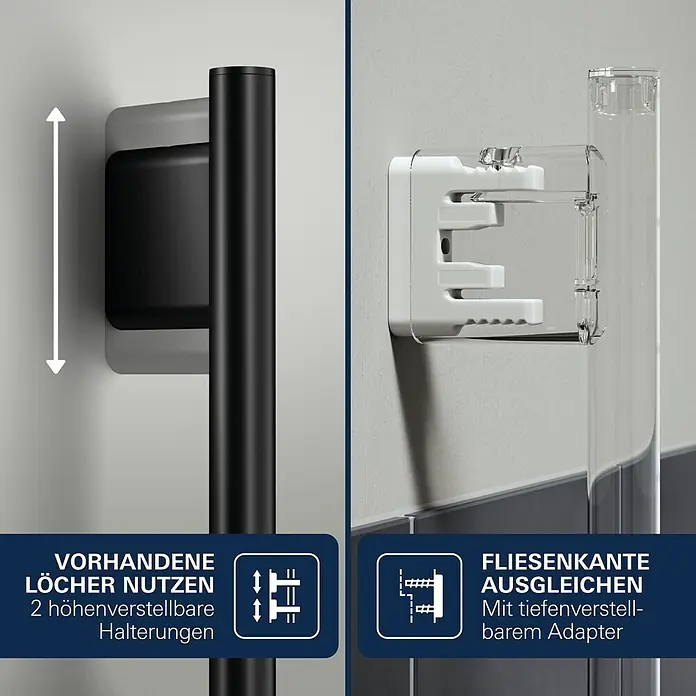 Grohe Vitalio Joy Brausearmatur 120 - Schwarz, Durchflussmenge: 6,3 l/min - Verstellbare Duschwandhalterung: schwarze höhenverstellbare Halterungen, weißer/transparenter tiefenverstellbarer Adapter.