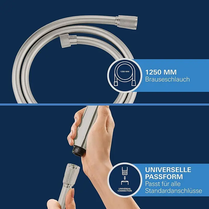 Grohe Brauseschlauch Silverflex - Länge: 125 cm, ½″, Kunststoff, Supersteel - Silberner Brauseschlauch, 1250 mm, mit universeller Passform. Eine Hand zeigt den Anschluss an einen Duschkopf.