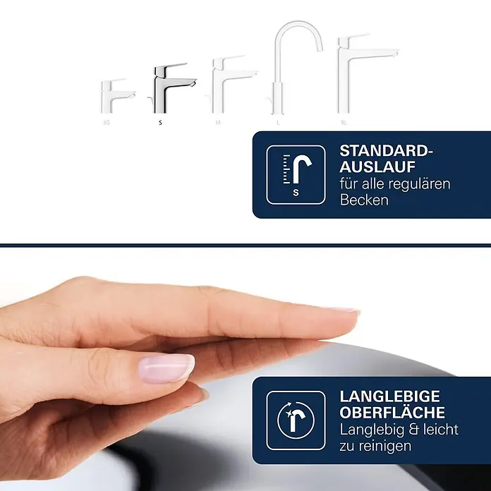 Grohe Dice Waschtischarmatur S-Size - Höhe: 152 mm, Chrom, Glänzend - Verchromte Armaturen in den Größen XS bis XL. Mit Standardauslauf für Becken und langlebiger, leicht zu reinigender Oberfläche.